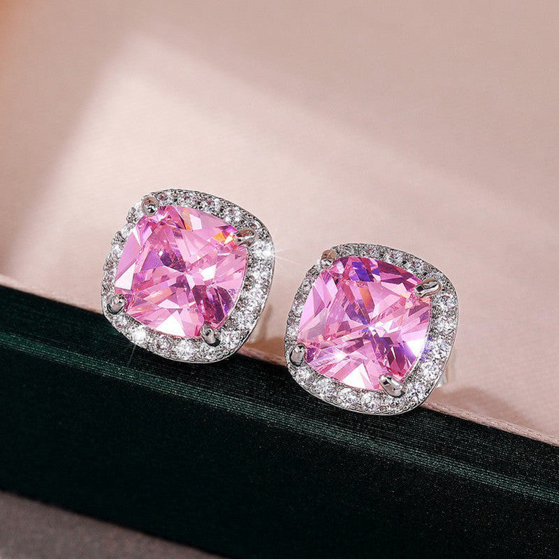Silver Pink Crushed Ice CZ Square Stud Earrings