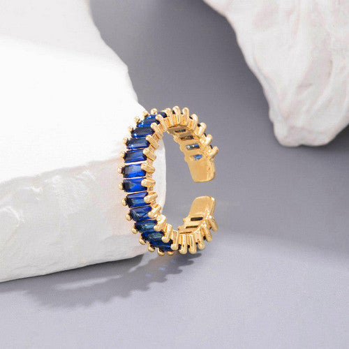 Gold Stainless Steel Blue Stone Adjustable Ring for Women