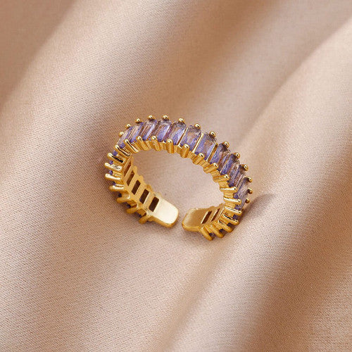 Gold Stainless Steel Purple Stone Adjustable Ring for Women