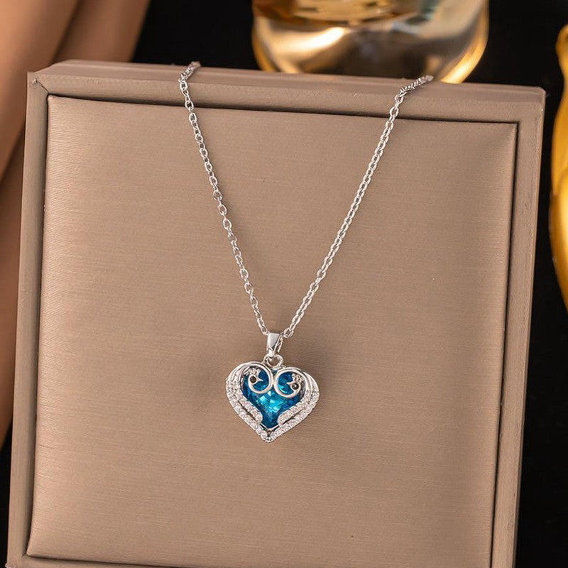 Silver Heart-Themed Blue Stone Pendant Chain