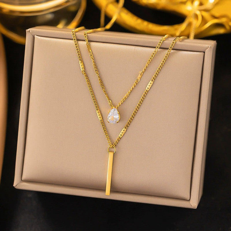 Gold Tear Drop CZ Dual-Strand Pendant Necklace