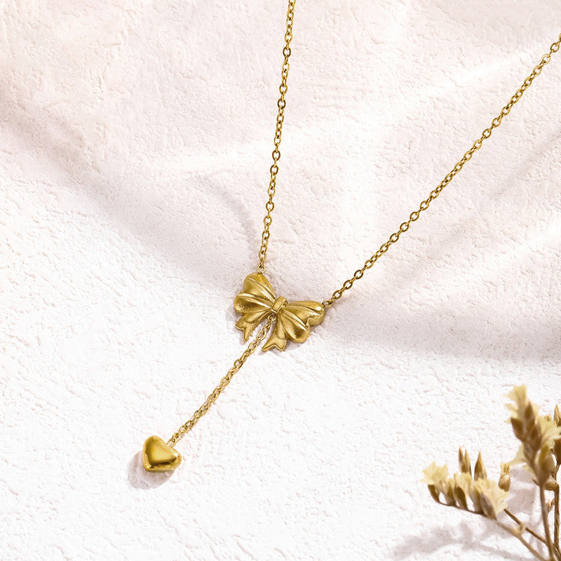 Coquette Bow & Heart Drop Necklace | 18k Gold Anti-Tarnish Waterproof Jewelry