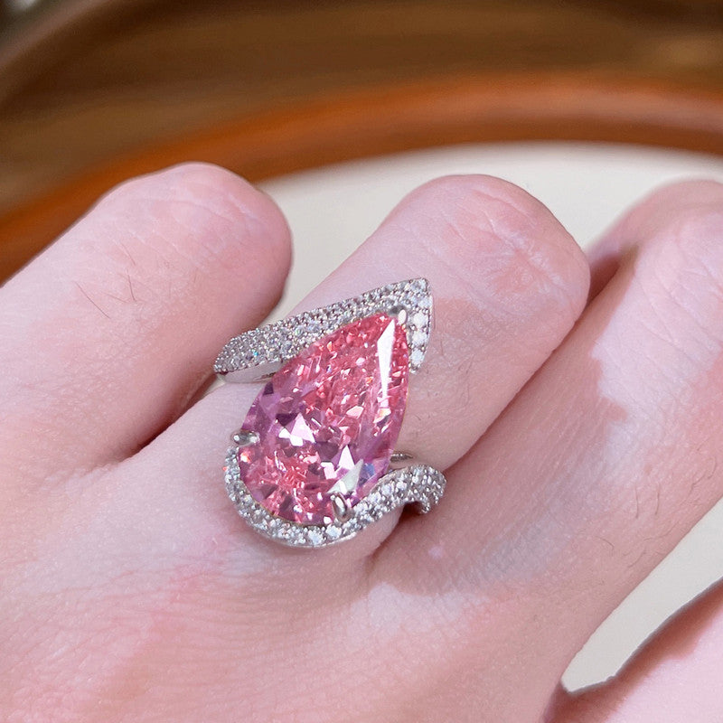 Luxury Pink Teardrop Crystal Ring with Diamond-Style Accents