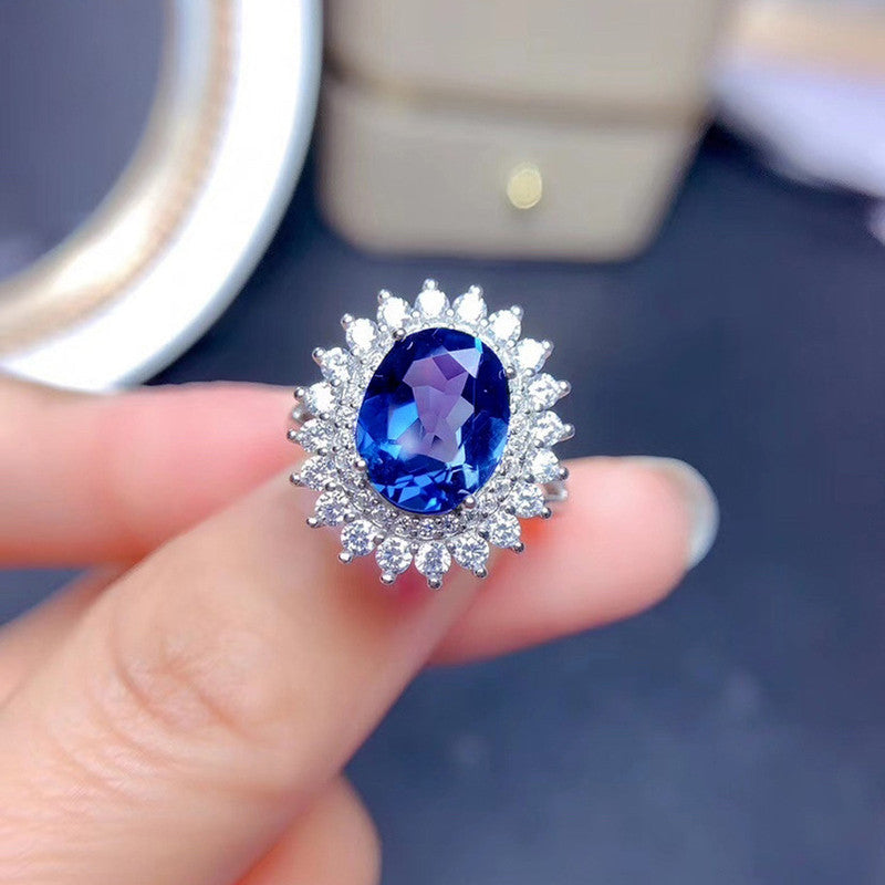 Royal Blue Oval Crystal Ring with Halo Diamond-Style Setting