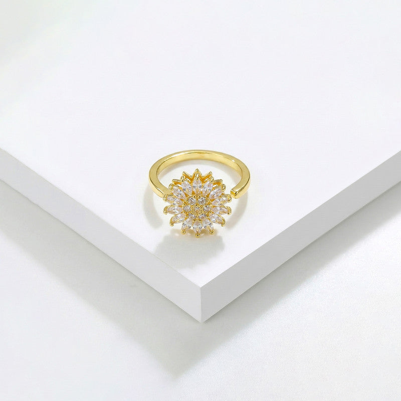 Rotating Sunflower Zirconia Spinner Ring