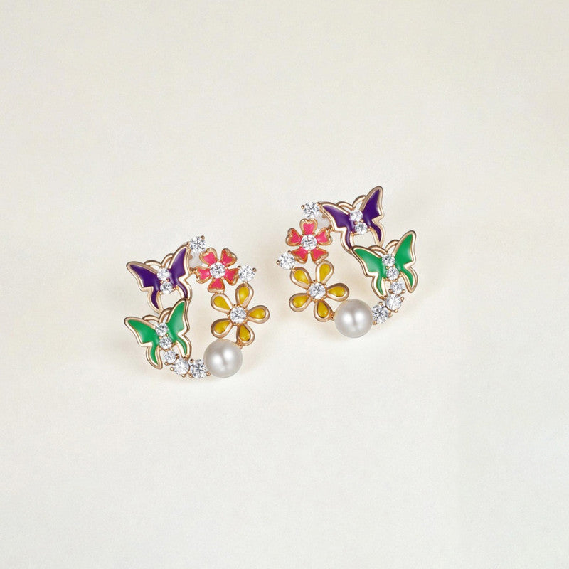 Colorful Butterfly & Floral Pearl Stud Earrings