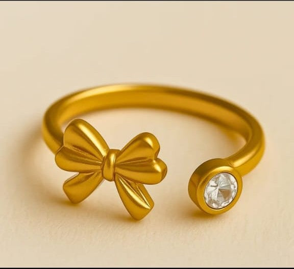 Elegant Gold Bow Adjustable Ring with Crystal Accent