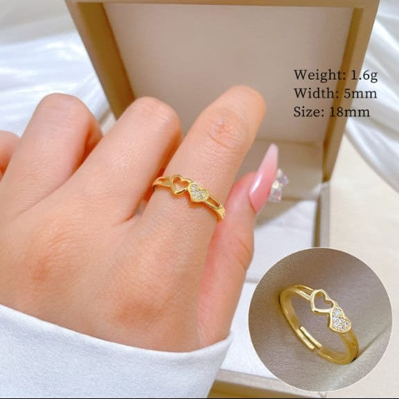 Dainty Double Heart Pavé Ring – 18K Gold Plated Anti-Tarnish Adjustable Band