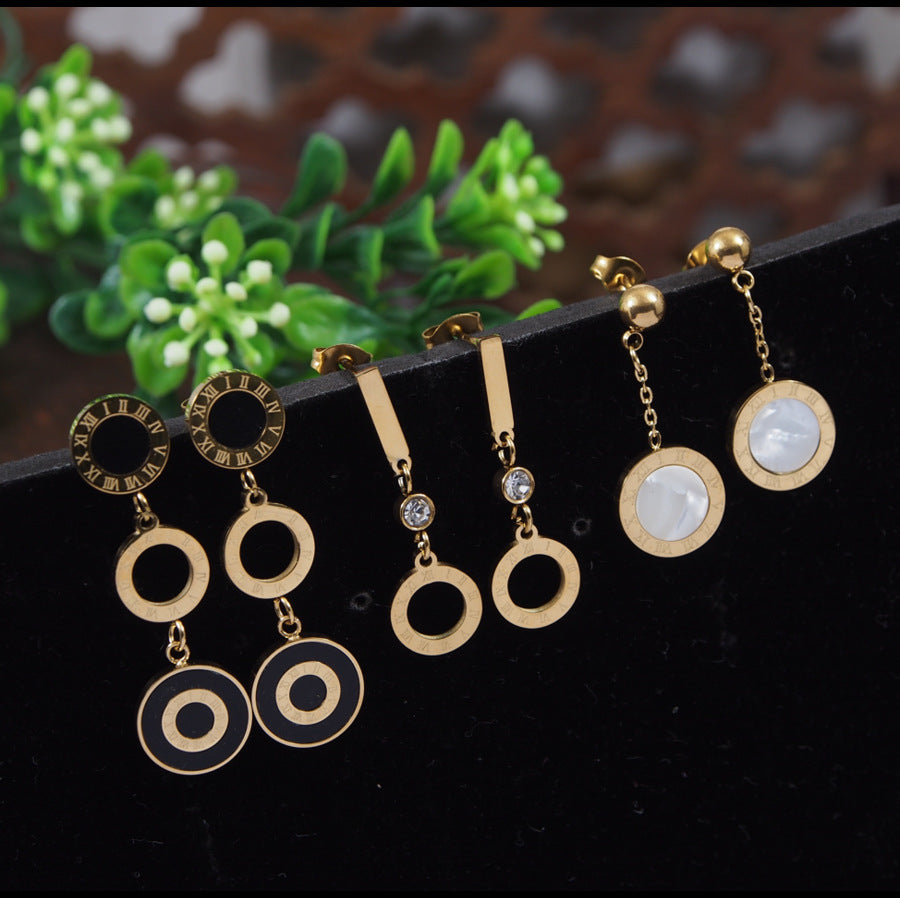 Stainless Steel Rosegold Plated Three Pair Roman Numerals Dangle Earring