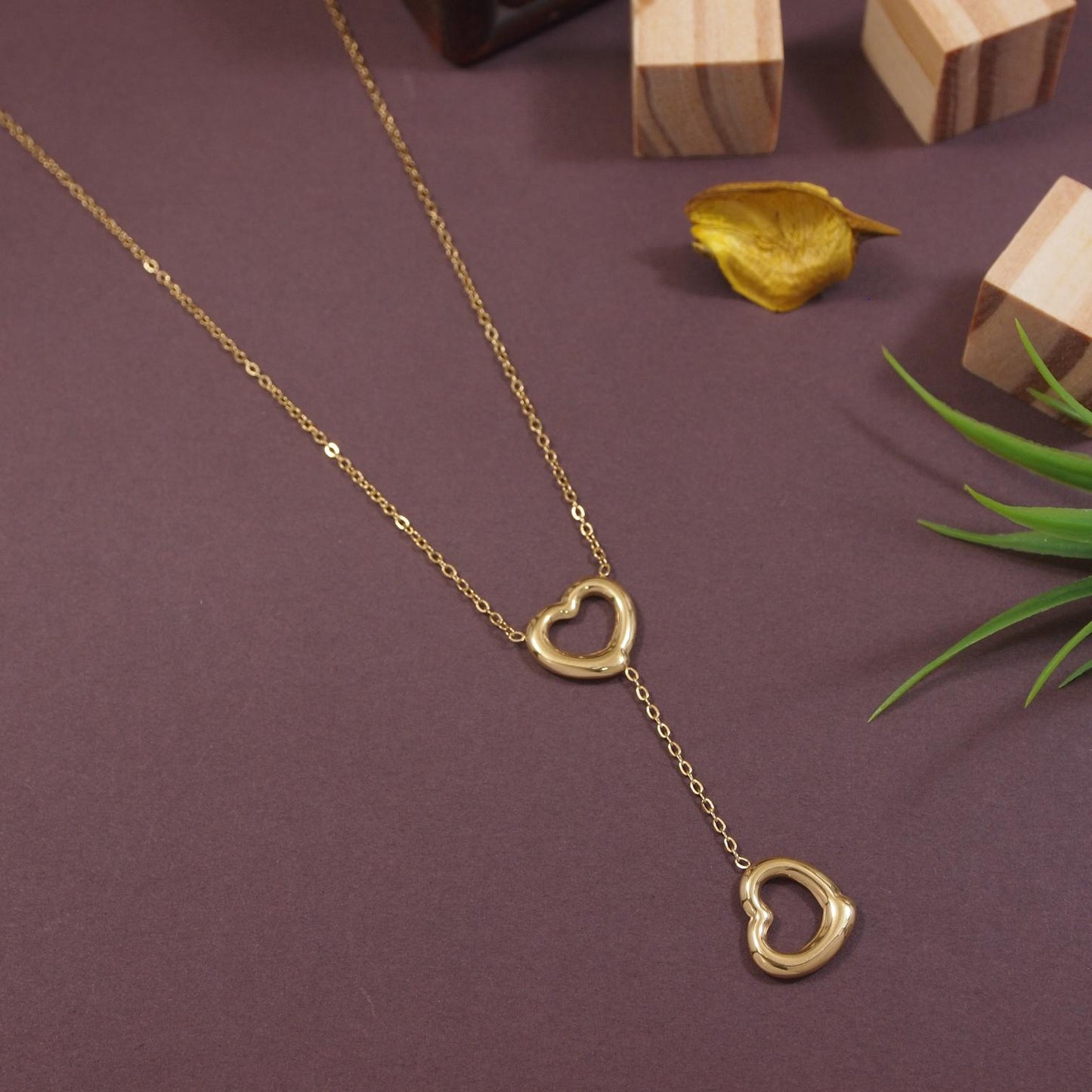 Double Heart Drop Necklace in Gold | Minimal Romantic Jewelry