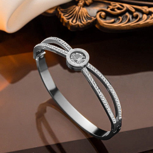 Silver Stainless Steel Roman Numeral CZ Bracelet