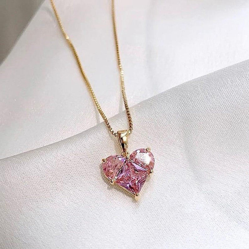Gold Pink Heart CZ Pendant Chain
