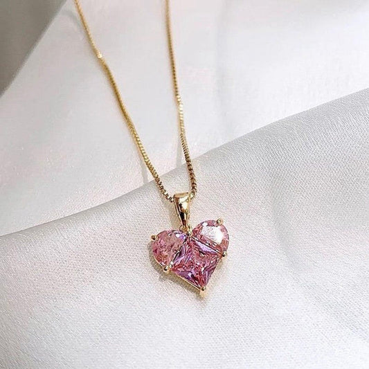 Gold Pink Heart CZ Pendant Chain