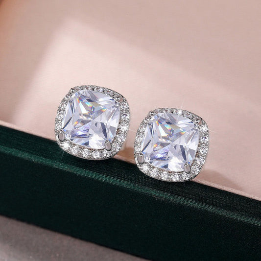 Silver Square Crushed Ice CZ Stud Earrings