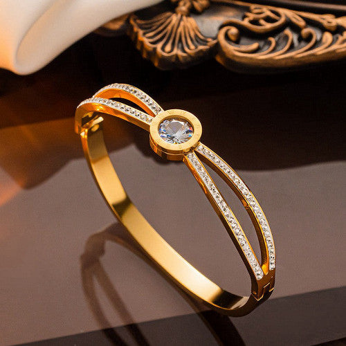Gold Stainless Steel Roman Numeral CZ Bracelet