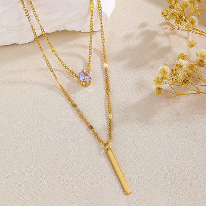 Gold Tear Drop CZ Dual-Strand Pendant Necklace
