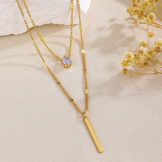 Gold Tear Drop CZ Dual-Strand Pendant Necklace