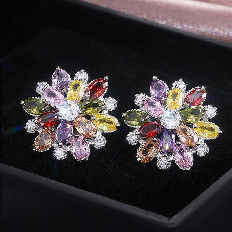 Silver Multicolor Floral CZ Stud Earrings