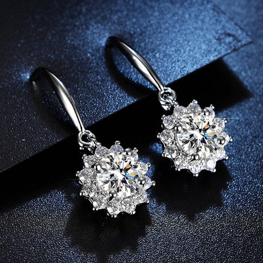 Silver Floral Solitaire Crystal Drop Earrings