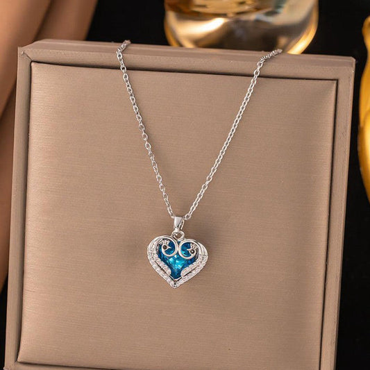 Silver Heart-Themed Blue Stone Pendant Chain