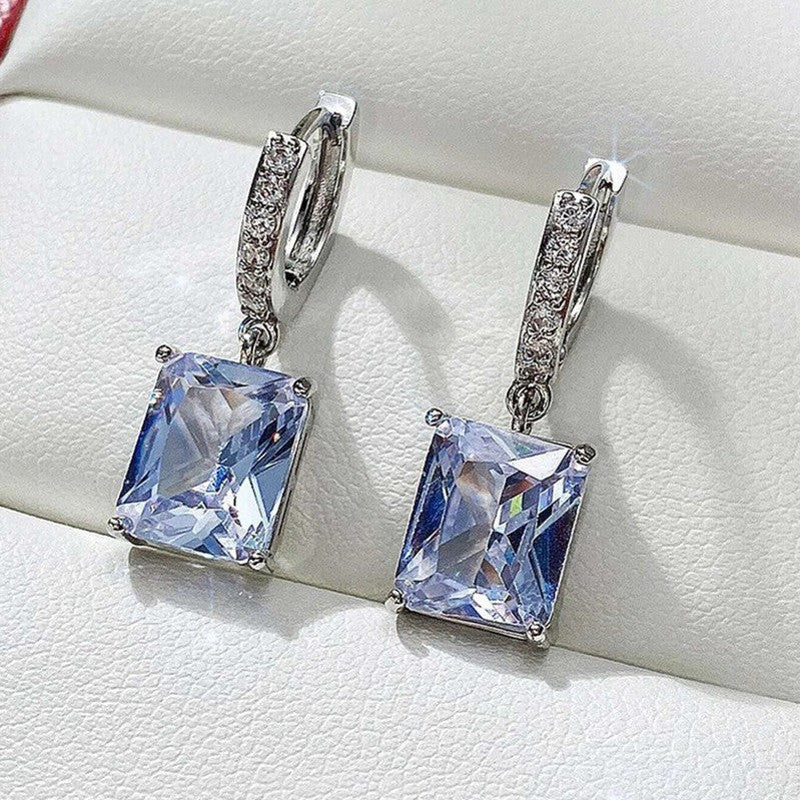Silver Rectangular Crushed Ice CZ Drop Earrings