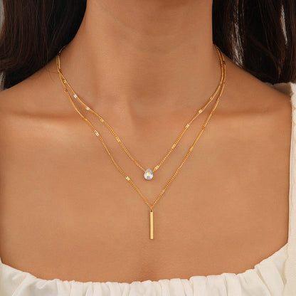 Gold Tear Drop CZ Dual-Strand Pendant Necklace