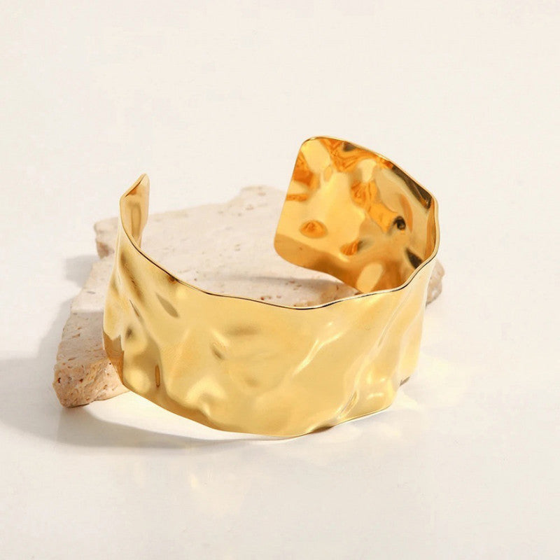18K Gold Plated Stainless Steel Molten Cuff | Waterproof Hammered Organic Statement Bracelet