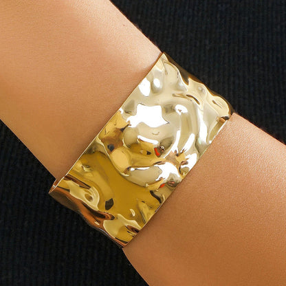 18K Gold Plated Stainless Steel Molten Cuff | Waterproof Hammered Organic Statement Bracelet