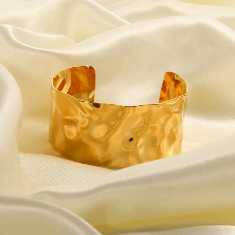 18K Gold Plated Stainless Steel Molten Cuff | Waterproof Hammered Organic Statement Bracelet