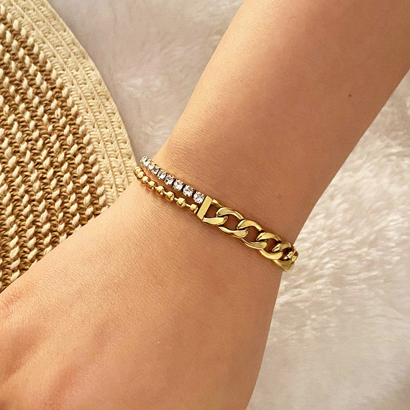 The Luxe Hybrid: Two-Tone Crystal & Curb Chain Bracelet in 18K Gold Finish