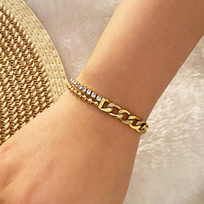 The Luxe Hybrid: Two-Tone Crystal & Curb Chain Bracelet in 18K Gold Finish