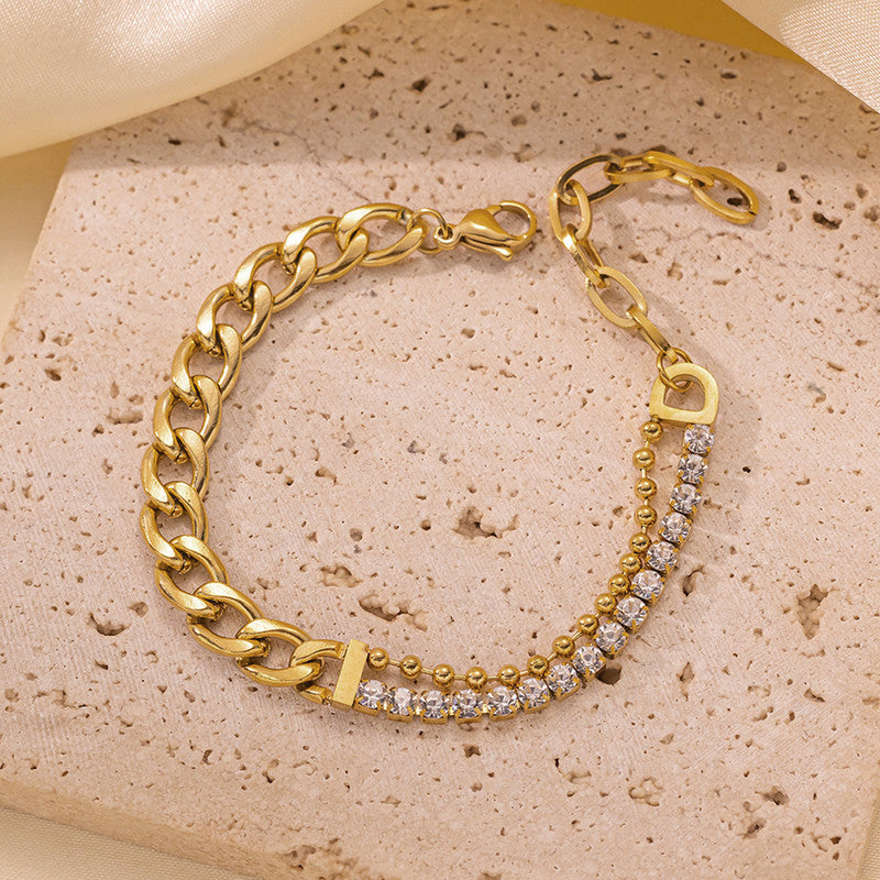 The Luxe Hybrid: Two-Tone Crystal & Curb Chain Bracelet in 18K Gold Finish
