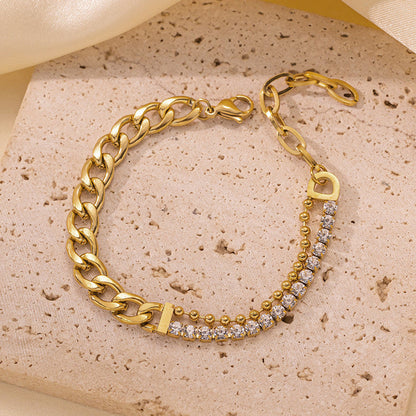 The Luxe Hybrid: Two-Tone Crystal & Curb Chain Bracelet in 18K Gold Finish