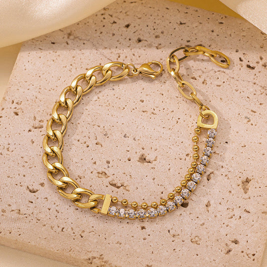 The Luxe Hybrid: Two-Tone Crystal & Curb Chain Bracelet in 18K Gold Finish