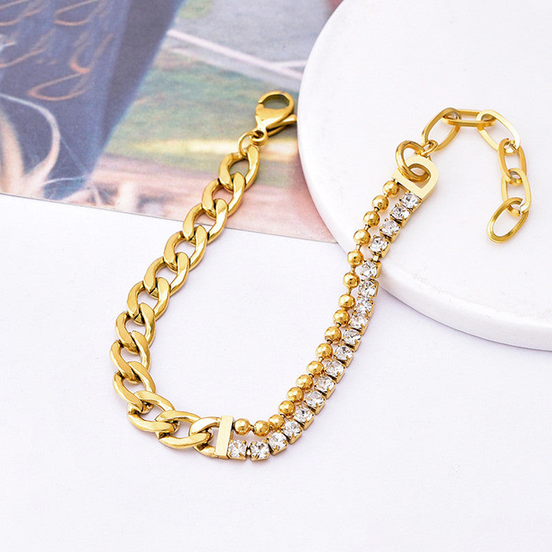 The Luxe Hybrid: Two-Tone Crystal & Curb Chain Bracelet in 18K Gold Finish