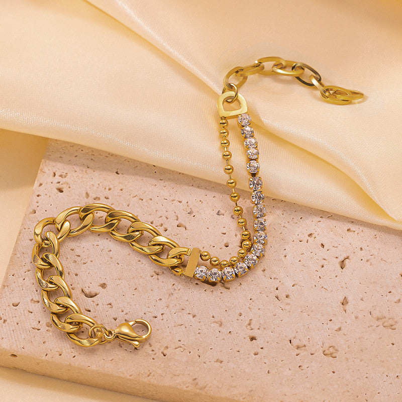 The Luxe Hybrid: Two-Tone Crystal & Curb Chain Bracelet in 18K Gold Finish