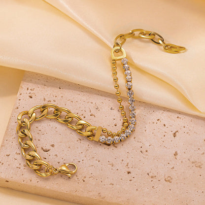 The Luxe Hybrid: Two-Tone Crystal & Curb Chain Bracelet in 18K Gold Finish