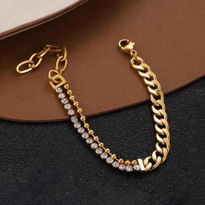 The Luxe Hybrid: Two-Tone Crystal & Curb Chain Bracelet in 18K Gold Finish