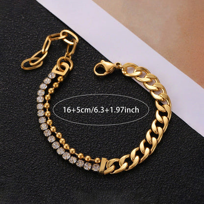 The Luxe Hybrid: Two-Tone Crystal & Curb Chain Bracelet in 18K Gold Finish