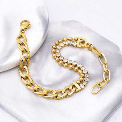 The Luxe Hybrid: Two-Tone Crystal & Curb Chain Bracelet in 18K Gold Finish