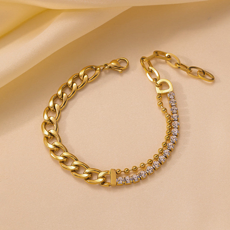 The Luxe Hybrid: Two-Tone Crystal & Curb Chain Bracelet in 18K Gold Finish