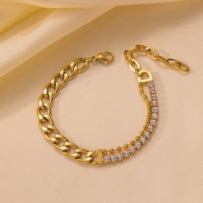 The Luxe Hybrid: Two-Tone Crystal & Curb Chain Bracelet in 18K Gold Finish