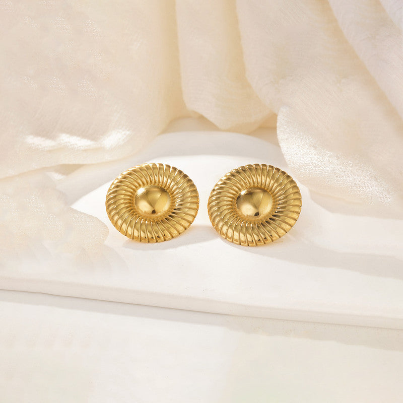 18K Gold Plated Stainless Steel Ribbed Sunburst Studs | Waterproof Vintage Statement Earrings