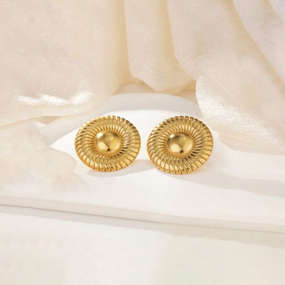 18K Gold Plated Stainless Steel Ribbed Sunburst Studs | Waterproof Vintage Statement Earrings
