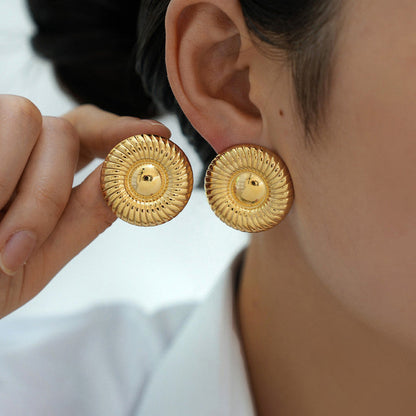 18K Gold Plated Stainless Steel Ribbed Sunburst Studs | Waterproof Vintage Statement Earrings