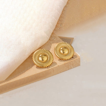 18K Gold Plated Stainless Steel Ribbed Sunburst Studs | Waterproof Vintage Statement Earrings