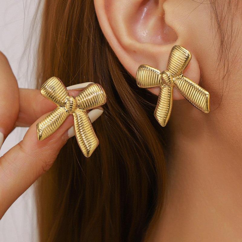 18K Gold Plated Stainless Steel Ribbed Sunburst Studs | Waterproof Vintage Statement Earrings