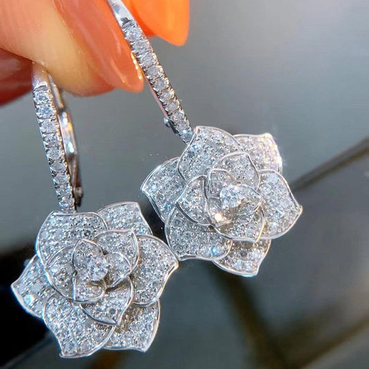 Camellia Pavé Bloom Hoop Earrings | Silver Plated Anti-Tarnish Floral Statement