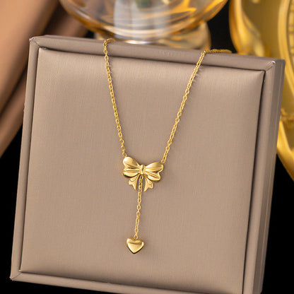 Coquette Bow & Heart Drop Necklace | 18k Gold Anti-Tarnish Waterproof Jewelry