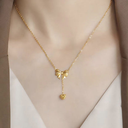 Coquette Bow & Heart Drop Necklace | 18k Gold Anti-Tarnish Waterproof Jewelry